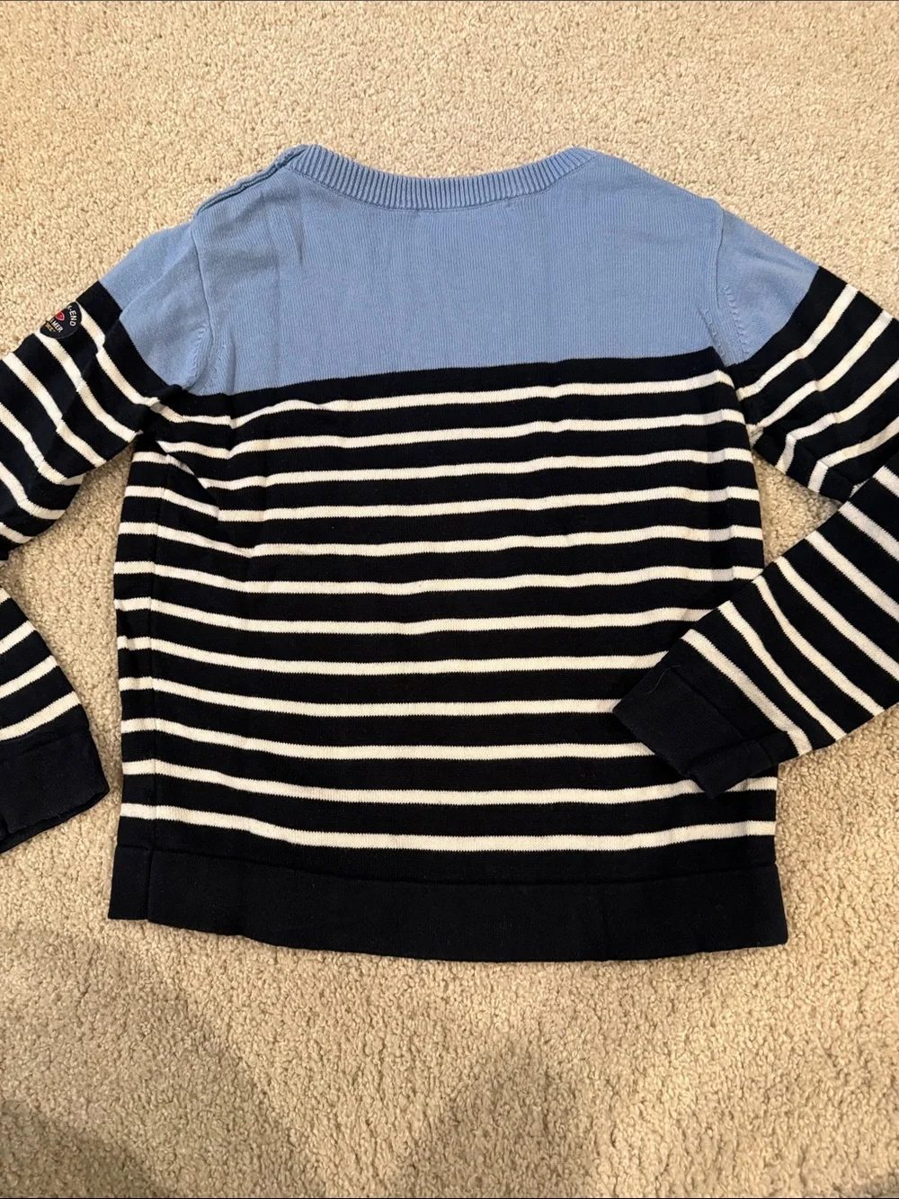 Striped Crewneck Sweater in Light Blue, Navy & White, size 8